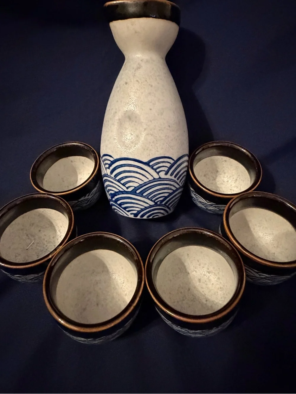 Japanese Style 7 pc Ceramic Sake Set w/Cobalt Blue Waves and Dark Trim NWOT